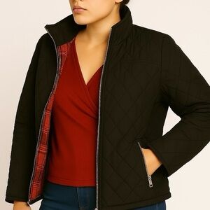 TOMMY HILFIGER Jacket Wind Breaker Sport Coat Moto Jacket Plaid Lined Black S